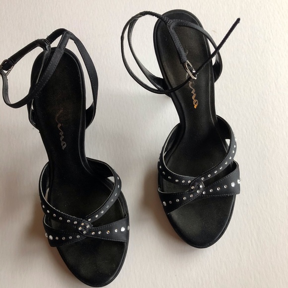 Nina Strappy Sandals Size 8 Black Satin & Rhinestone High Heels - Picture 6 of 9
